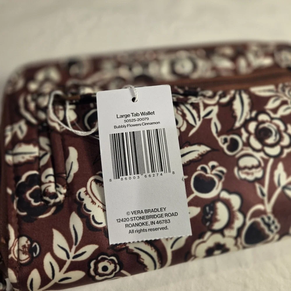 NEW Vera Bradley Large Tab Wallet Bubbly‎ Flowers Cinnamon, Brown Black Ivory